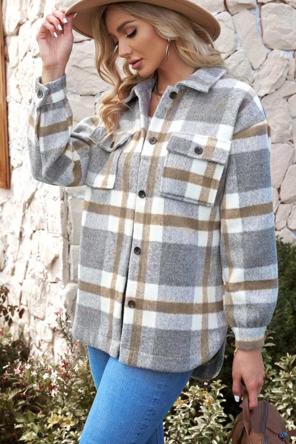 Plaid Dropped Shoulder Pocket Shacket Trendsi