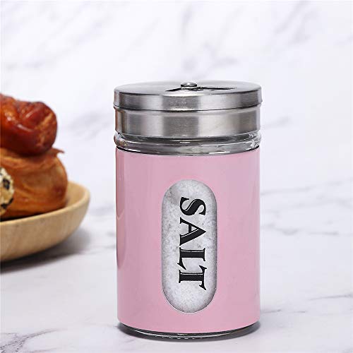 Salt and Pepper Shakers Stainless Steel and Glass Set with Adjustable Pour Holes (Pink)