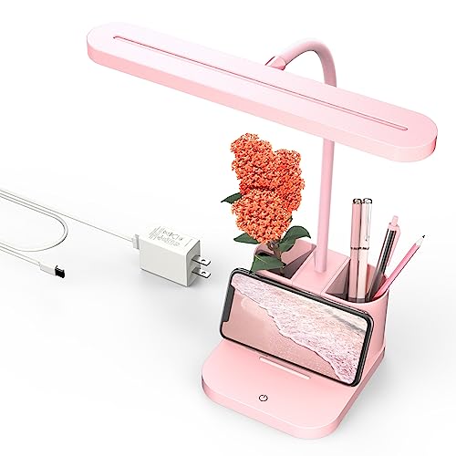 AXX Pink Desk Lamp for Home Office, Cute Desk Lamps for Bedrooms, Kawaii, Dimmable LED, Flexible Gooseneck, Pen Holder, Touch Control, College Dorm Room Essentials for Teen Girls Kids