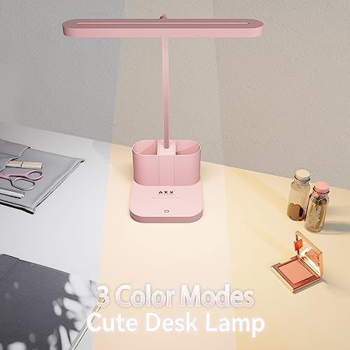 AXX Pink Desk Lamp for Home Office, Cute Desk Lamps for Bedrooms, Kawaii, Dimmable LED, Flexible Gooseneck, Pen Holder, Touch Control, College Dorm Room Essentials for Teen Girls Kids