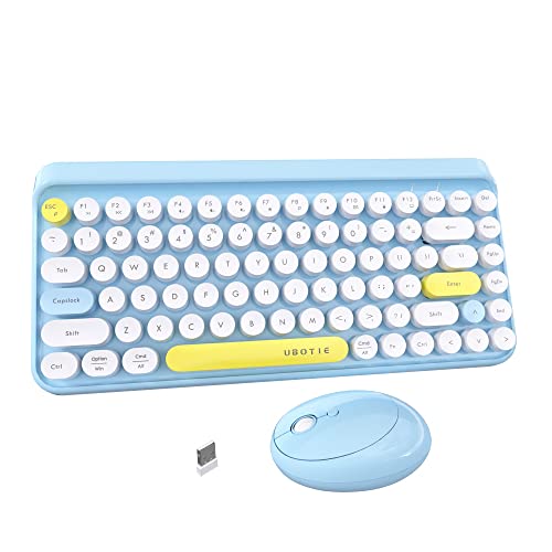 UBOTIE 84Keys Colorful Wireless Computer Keyboard and Mice Combo, Mini Compact Retro Typewriter Design Laptop Keyboards with 2.4GHz USB Nano (Blue)