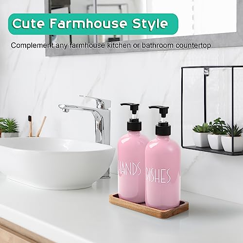 ALELION Dish Soap Dispenser for Kitchen - 16 OZ Glass Hand Soap Dispenser Set with Acacia Wood Tray - Pink Kitchen Bathroom Decor and Accessories