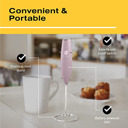 Bean Envy Milk Frother for Coffee - Handheld, Mini Electric Drink Mixer, Foamer & Frother with Stand for Coffee, Lattes, Hot Chocolates and Shakes - Pink