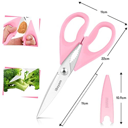 Kitchen Shears, iBayam Kitchen Scissors Heavy Duty Meat Scissors Poultry Shears, Dishwasher Safe Food Cooking Scissors All Purpose Stainless Steel Utility Scissors, 2-Pack (Pastel Pink)