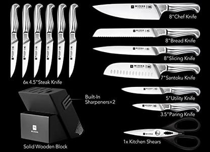 WIZEKA Kitchen Knife Set with Block, NSF Certified 15pcs German Steel 1.4116 Knife Block Set, Professional Chef Knife Set with Built-in Sharpener, Starry Sky Series Spreadr