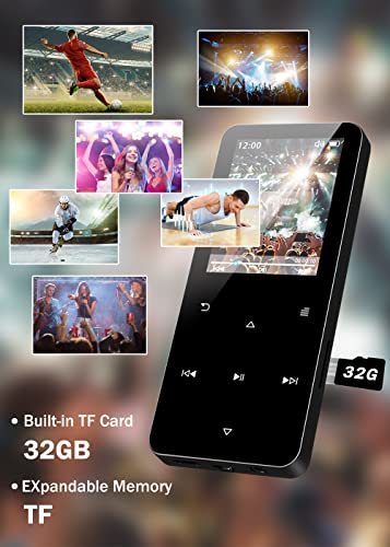 32GB Mp3 Player with Bluetooth 5.0,Play Music up to 30 Hrs.Portable Digital Lossless Music MP3 MP4 Player with FM Radio, Voice Recorder, Super Light Metal Shell Touch Buttons - Black