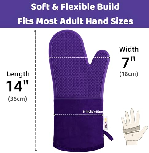 JEEKOIN Oven Mitts Honeycomb Non-Slip Grip, Silicone Oven Mitt Heat Resistant 581, Thick Soft Cotton Lining Padding, Waterproof Kitchen Mittens Potholder BPA-Free, 14 x 7 Inch Pair (Purple)