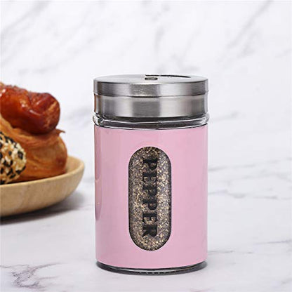 Salt and Pepper Shakers Stainless Steel and Glass Set with Adjustable Pour Holes (Pink)