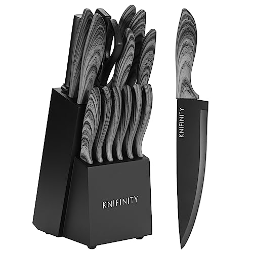 Knifinity 14-Piece Premium Non-Stick Coated, Ultra-Sharp Knife Set, Ergonomic Wood Grain Handles - Versatile, Durable and Stylish Kitchen Essentials for Cutting, Kitchen Knife Set with Block