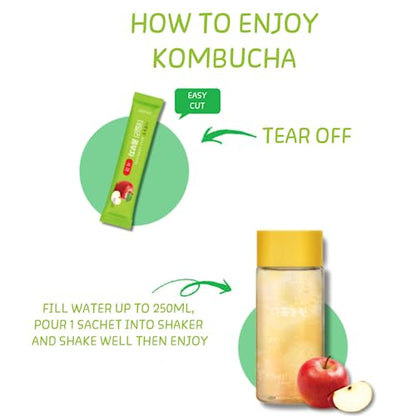 Garden Kombucha Tea, Powder 5g x 20 Sachets (100g/3.52oz) Probiotics, Prebiotics, Sugar Free, Black Tea, Healthy Drink with Bottle (FREE BOTTLE SHAKER) (APPLE)