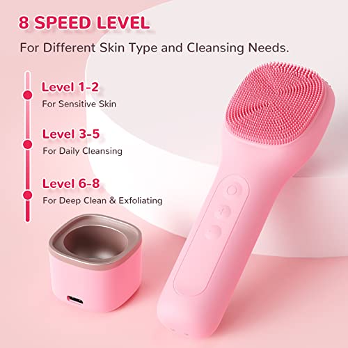 Electric Facial Cleansing Brush - CareYou Face Scrubber for Women, Rechargeable Silicone Face Brushes for Deep Cleansing and Exfoliating, 40 Days Long-Last, IPX7 Waterproof - Pink