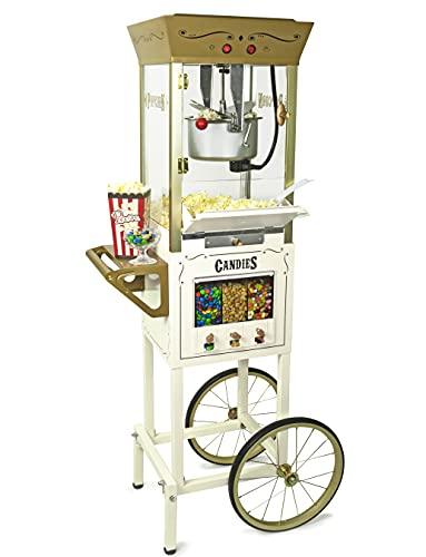 Nostalgia Popcorn Maker Professional Cart, 8 Oz Kettle Makes Up to 32 Cups, Vintage Movie Theater Popcorn Machine with Three Candy Dispensers and Interior Light, Measuring Spoons and Scoop, Ivory Spreadr