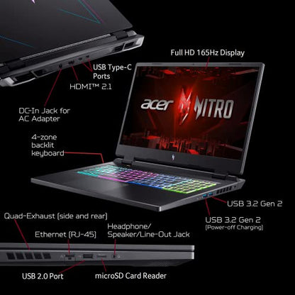 Acer Nitro 17 Gaming Laptop | AMD Ryzen 7 7735HS Octa-Core CPU | NVIDIA GeForce RTX 4050 GPU | 17.3" FHD 165Hz IPS Display | 16GB DDR5 | 1TB Gen 4 SSD | Wi-Fi 6E | RGB Backlit KB | AN17-41-R8N5, Black