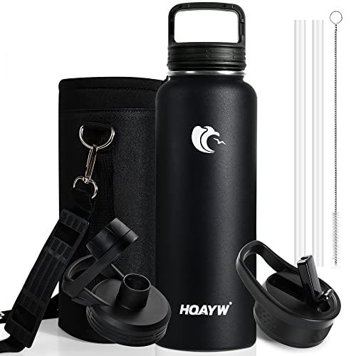 HQAYW Insulated Water Bottles 40oz, Leak-Proof Sports Water Bottle with Straws, Stainless Steel Water Bottle, Wide-Mouth BPA Free Travel Thermo Keep Cold 48 Hours Hot 24 Hours for Work, Mid-Night