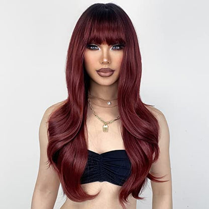 XIXIBI Red Wigs with Bangs, Wine Red Wigs for Women Long Wavy Wigs with Dark Roots Ombre Burgundy Wigs Natural Looking Synthetic Heat Resistant Fiber for Daily Party Use (26Inch)