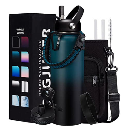 Vacuum Insulated Water Bottle 40oz - with Straw & Spout Lids, Paracord Handle, Shoulder Carrier Bag, 40OZ Sport Stainless Steel Water Bottle, Double-wall Metal Water Bottle Thermo Hydro Mug Flask