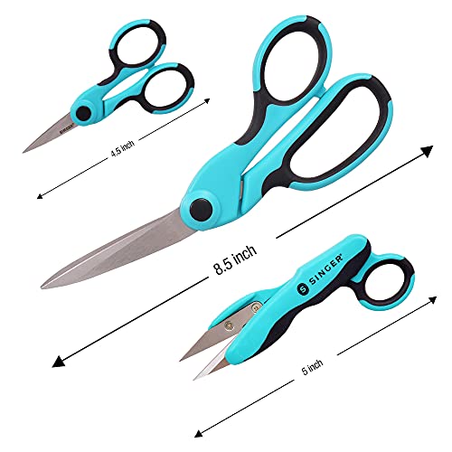 SINGER ProSeries Sewing Scissors Bundle, 8.5" Heavy Duty Fabric Scissors, 4.5" Detail Embroidery Scissors, 5" Thread Snips with Comfort Grip Spreadr