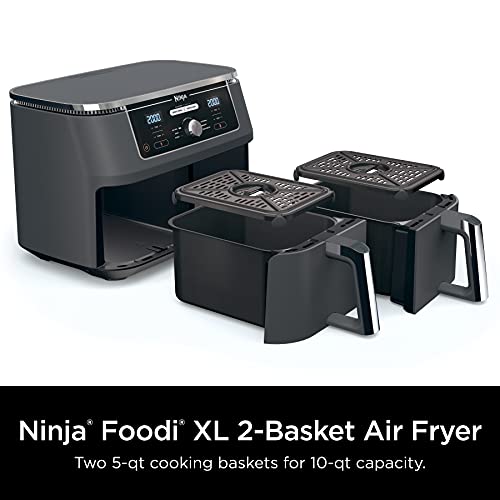 Ninja DZ401 Foodi 10 Quart 6-in-1 DualZone XL 2-Basket Air Fryer with 2 Independent Frying Baskets, Match Cook & Smart Finish to Roast, Broil, Dehydrate for Quick, Easy Family-Sized Meals, Grey