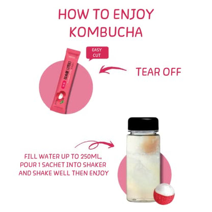 Garden Kombucha Tea, Powder 5g x 20 Sachets (100g/3.52oz) Probiotics, Prebiotics, Sugar Free, Black Tea, Healthy Drink with Bottle (FREE BOTTLE SHAKER) (Lychee)