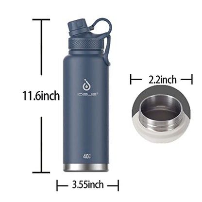 IDEUS Insulated Stainless Steel Water Bottle with 2 Leak-Proof Lids, Thermal Water Flask for Hiking Biking, 40oz, Navy Blue