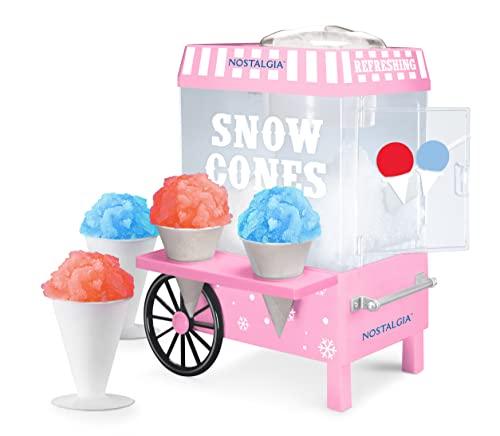 Nostalgia Vintage Countertop Snow Cone Maker Makes 20 ICY Treats, Includes 2 Reusable Plastic Cups & Ice Scoop, Pink Spreadr