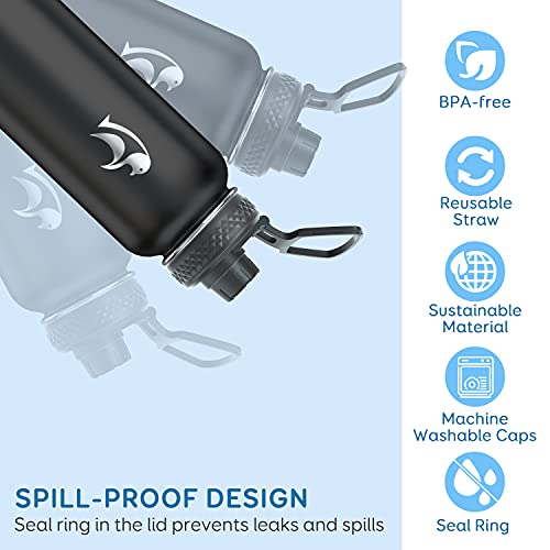 Coolflask Water Bottle 40 oz Insulated with Straw&Brush, Vaccum Stainless Steel Metal 3 Lids Water Flask for Sports, Gym or Office, Keep Cold 48H Hot 24H, Magic Black