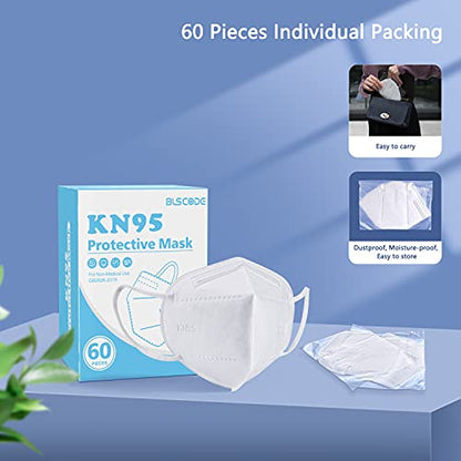 BLScode KN95 Face Mask 60 Pack White,Individually Wrapped 5-Layer Breathable Mask with Comfortable Elastic Ear Loops,Filter Efficiency≥95%