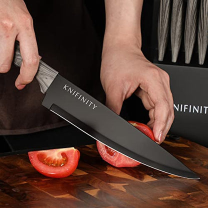 Knifinity 14-Piece Premium Non-Stick Coated, Ultra-Sharp Knife Set, Ergonomic Wood Grain Handles - Versatile, Durable and Stylish Kitchen Essentials for Cutting, Kitchen Knife Set with Block