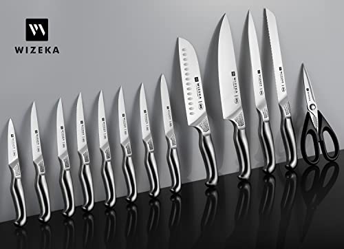 WIZEKA Kitchen Knife Set with Block, NSF Certified 15pcs German Steel 1.4116 Knife Block Set, Professional Chef Knife Set with Built-in Sharpener, Starry Sky Series Spreadr