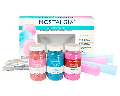 Nostalgia FSCC8 Cotton Candy Party Kit 3 Flavors, 4 Reusable Cones, 10 Floss Bags, 1, Multi Spreadr