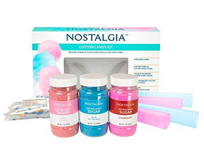 Nostalgia FSCC8 Cotton Candy Party Kit 3 Flavors, 4 Reusable Cones, 10 Floss Bags, 1, Multi Spreadr