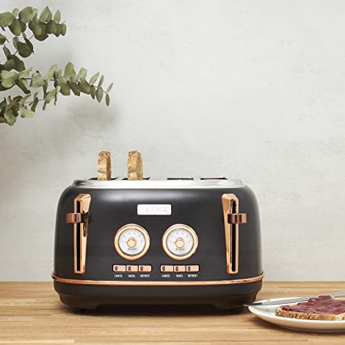 Haden DORSET, Stainless Steel Retro Toaster with Adjustable Browning Control and Cancel, Defrost and Reheat Settings (Black/Copper, 4 Slice)