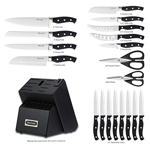 McCook MC65B Black Knife Sets, 20 Pieces German Stainless Steel Forged Kitchen Knives Block Set with Built-in Knife Sharpener Spreadr