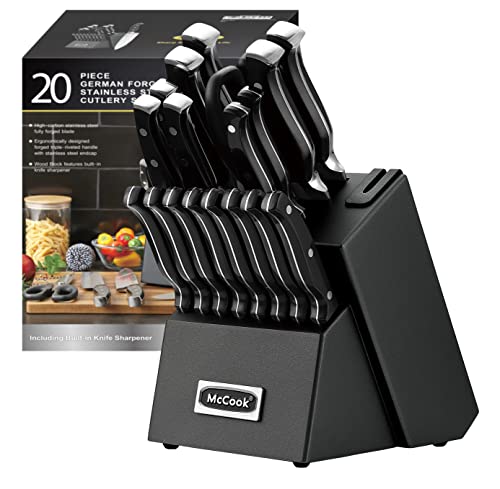 McCook MC65B Black Knife Sets, 20 Pieces German Stainless Steel Forged Kitchen Knives Block Set with Built-in Knife Sharpener Spreadr