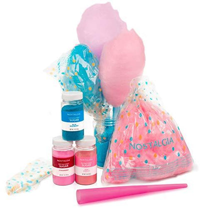 Nostalgia FSCC8 Cotton Candy Party Kit 3 Flavors, 4 Reusable Cones, 10 Floss Bags, 1, Multi Spreadr