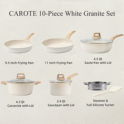 CAROTE Pots and Pans Set Nonstick, White Granite Induction Kitchen Cookware Sets, 10 Pcs Non Stick Cooking Set w/Frying Pans & Saucepans(PFOS, PFOA Free)