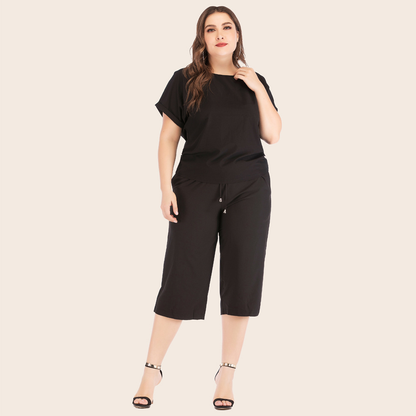 Plus Size Round Neck T-Shirt & Drawstring Wide-Leg Capris Set Kiwidrop