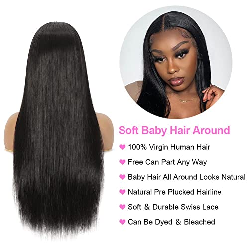 13x4 Straight Lace Front Wigs Human Hair 26 Inch 180% Density HD Transparent Lace Front Wigs Human Hair Pre Plucked Brazilian Virgin Frontal Wigs Human Hair Black Glueless Lace Front Wigs for Women