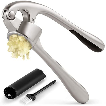 Zulay Kitchen Premium Garlic Press with Soft, Easy to Squeeze Handle - Includes Silicone Garlic Peeler & Cleaning Brush - 3 Piece Garlic Mincer Tool - Sturdy Easy to Clean Garlic Crusher (Silver)