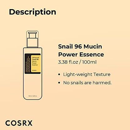 COSRX Snail Mucin 96% Power Repairing Essence 3.38 fl.oz 100ml, Hydrating Serum for Face with Snail Secretion Filtrate for Dull & Damaged Skin, Not Tested on Animals, No Parabens, Korean Skincare