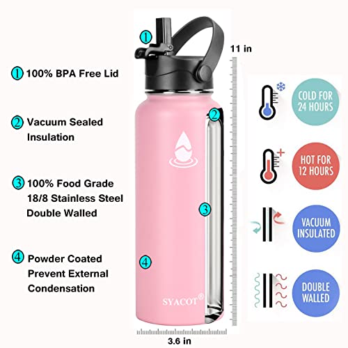 SYACOT 40 oz Stainless Steel Water Bottle, Insulated Double Wall Vacuum Leak Proof Water Flask, Metal Thermo Canteen Mug —Wide Mouth with 2 Straw Lids