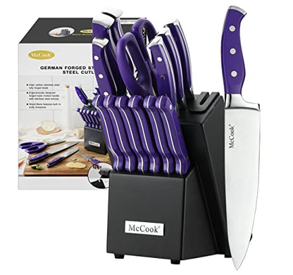 McCook MC27 14 Pieces Stainless Steel kitchen knife set with Wooden Block, Kitchen Scissors and Built-in Sharpener, Purple