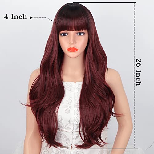 XIXIBI Red Wigs with Bangs, Wine Red Wigs for Women Long Wavy Wigs with Dark Roots Ombre Burgundy Wigs Natural Looking Synthetic Heat Resistant Fiber for Daily Party Use (26Inch)