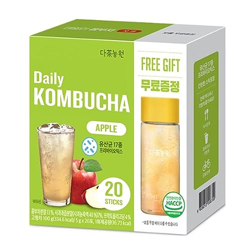 Garden Kombucha Tea, Powder 5g x 20 Sachets (100g/3.52oz) Probiotics, Prebiotics, Sugar Free, Black Tea, Healthy Drink with Bottle (FREE BOTTLE SHAKER) (APPLE)