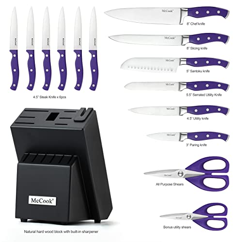 McCook MC27 14 Pieces Stainless Steel kitchen knife set with Wooden Block, Kitchen Scissors and Built-in Sharpener, Purple