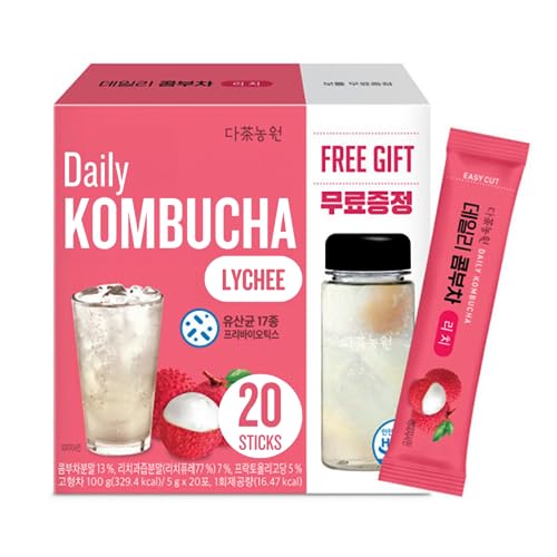 Garden Kombucha Tea, Powder 5g x 20 Sachets (100g/3.52oz) Probiotics, Prebiotics, Sugar Free, Black Tea, Healthy Drink with Bottle (FREE BOTTLE SHAKER) (Lychee)