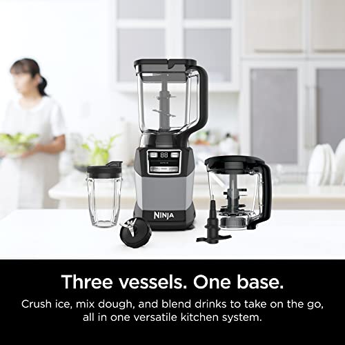 Ninja AMZ493BRN Compact Kitchen System, 1200W, 3 Functions for Smoothies, Dough & Frozen Drinks with Auto-IQ, 72-oz.* Blender Pitcher, 40-oz. Processor Bowl & 18-oz. Single-Serve Cup, Grey