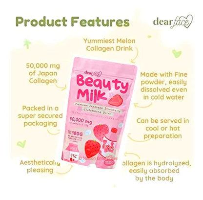 Dear Face Beauty Milk Japanese Collagen STRAWBERRY Drink - 50,000mg Hydrolyzed Collagen, 6.3 Ounce (Pack of 1)