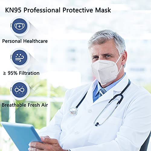 BLScode KN95 Face Mask 60 Pack White,Individually Wrapped 5-Layer Breathable Mask with Comfortable Elastic Ear Loops,Filter Efficiency≥95%