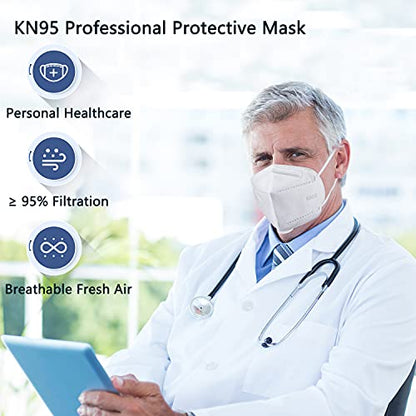 BLScode KN95 Face Mask 60 Pack White,Individually Wrapped 5-Layer Breathable Mask with Comfortable Elastic Ear Loops,Filter Efficiency≥95%